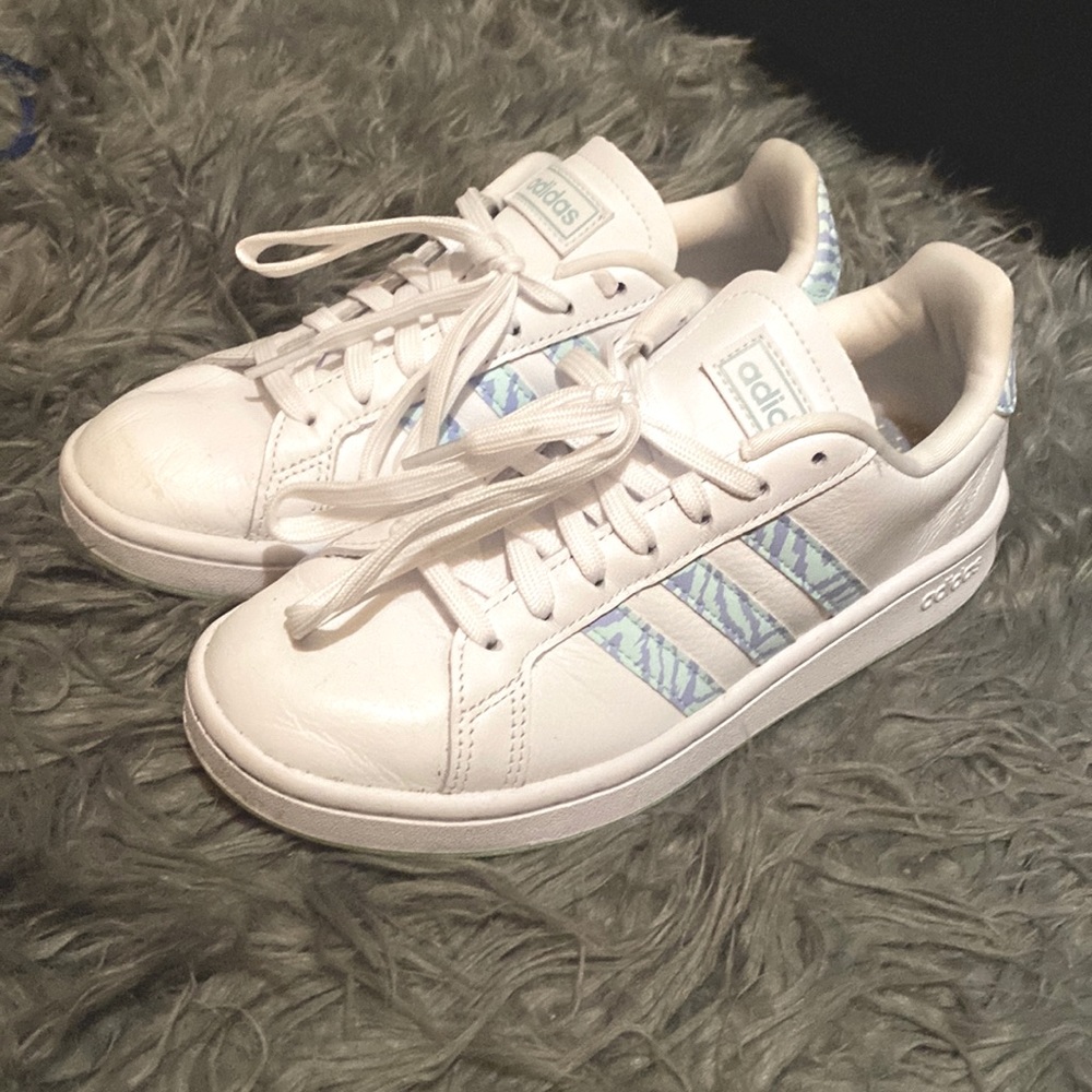 Adidas Grand Court Teal Blue Zebra Print Sneakers